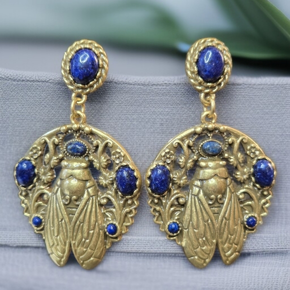 Designer Jewelry - Chunky Antiqued Matte Gold Cicada Lapis Lazuli Dangle Earrings